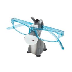 En brilleholder, der forestillet er æsel. Der er et par blå briller på brilleholderen.