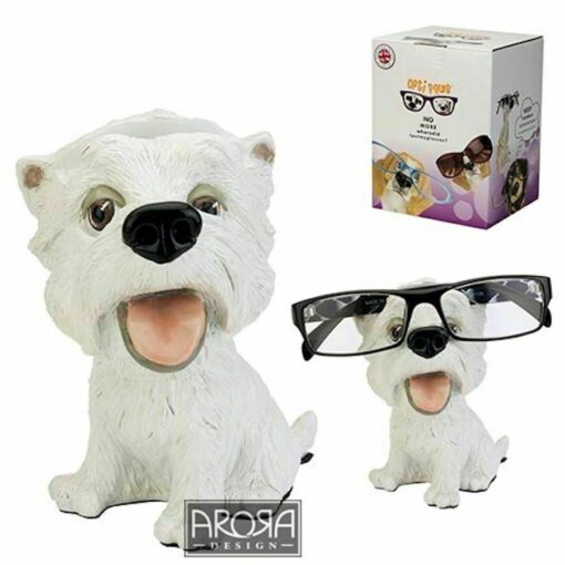 En brilleholder, der ligner en hund af racen Westie. Perfekt til opbevaring af briller.