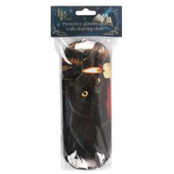 Glasögonfodral med en svart katt. Den ligger i förpackning.