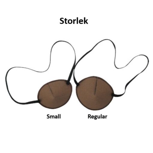 Ögonlappar med resår för vuxna. Märket är Kay Fun Patch. Bilden illustrerar de två storlekarna. Brun.