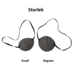 Ögonlappar med resår för vuxna. Märket är Kay Fun Patch. Bilden illustrerar de två storlekarna. Grå.