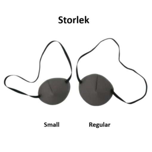 Ögonlappar med resår för vuxna. Märket är Kay Fun Patch. Bilden illustrerar de två storlekarna. Grå.