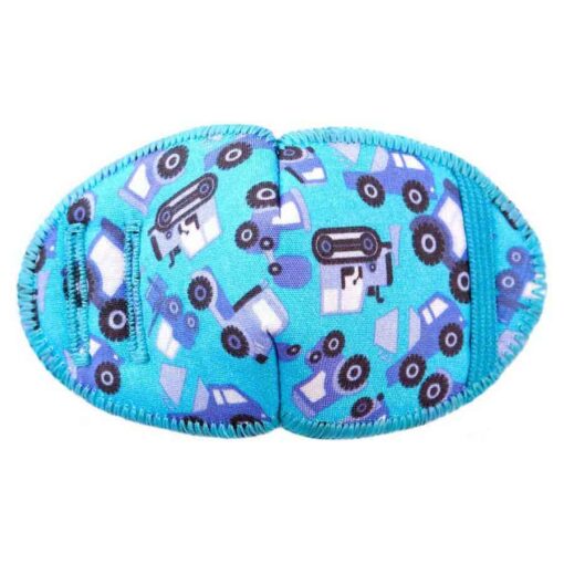 Tyrkis ögonlapp med byggmaskiner från Kay Fun Patch. Ögonlappen är tillverkad i mjukt tyg och pryds av motiv av gravmaskiner och andra byggmaskiner. Den fästs enkelt på glasögonen och är lämplig för barn med skelning. Ögonlapp för barn med skelning. Den heter Diggers.