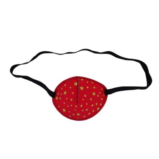 En ögonlapp av tyg med resår för barn som skelar. Den är röd med guldstjärnor och heter Eastern Star. Den har elastik som sätts runt huvudet för synträning. Märket är Kay Fun Patch.