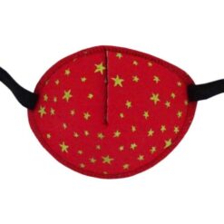 En ögonlapp av tyg med resår för barn som skelar. Den är röd med guldstjärnor och heter Eastern Star. Den har elastik som sätts runt huvudet för synträning. Märket är Kay Fun Patch.