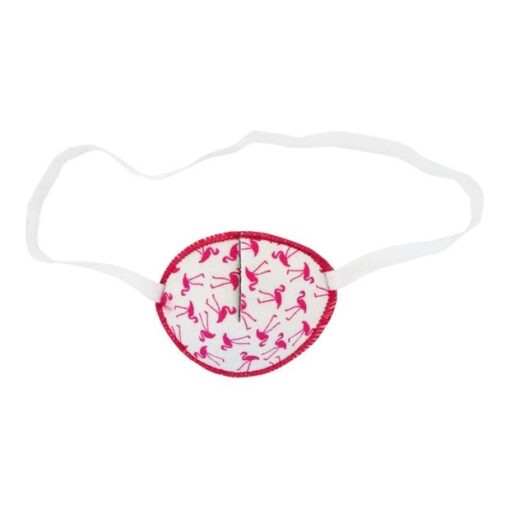 En vit ögonlapp med resår till barn. Den är dekorerad med ljusrosa flamingos och heter Flamingos. Den har elastik som sätts runt huvudet och är designad för barn som skelar. Ögonlappen hjälper till vid synträning. Märket är Kay Fun Patch.