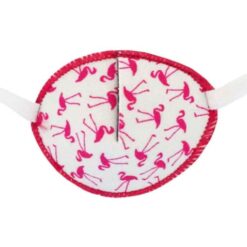 En vit ögonlapp med resår till barn. Den är dekorerad med ljusrosa flamingos och heter Flamingos. Den har elastik som sätts runt huvudet och är designad för barn som skelar. Ögonlappen hjälper till vid synträning. Märket är Kay Fun Patch.