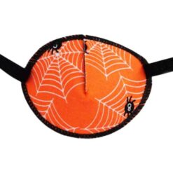 En ögonlapp med resår till lat öga. Den är orange och dekorerad med spindelnät och spindlar, perfekt till Halloween, och heter Spider. Den har elastik som sätts runt huvudet och är designad för barn som skelar. Ögonlappen hjälper till vid synträning. Märket är Kay Fun Patch.
