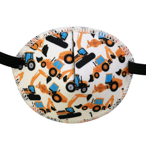 En ögonlapp med resår till lat öga. Den är gul och dekorerad med orange grävmaskiner och heter Construction. Den har elastik som sätts runt huvudet och är designad för barn som skelar. Ögonlappen hjälper till vid synträning. Märket är Kay Fun Patch.