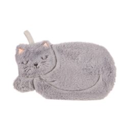 Grå kattformad värmeflaska från Sass & Belle med mjukt överdrag och klassisk värmeflaska.